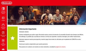 Aviso en la p&aacute;gina de Atenci&oacute;n al cliente de Nintendo