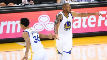 June 2, 2016; Oakland, CA, USA; Golden State Warriors forward Andre Iguodala (9) celebrates with guard Shaun Livingston (34) his three point basket scored against Cleveland Cavaliers during the second half in game one of the NBA Finals at Oracle Arena. Mandatory Credit: Bob Donnan-USA TODAY Sports