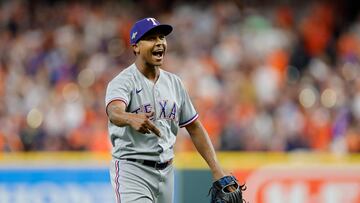 HOUSTON, TEXAS - OCTOBER 16: Jose Leclerc #25 of the Texas Rangers celebrates a pop up fly hit by Jose Altuve #27 of the Houston Astros during the ninth inning in Game Two of the American League Championship Series at Minute Maid Park on October 16, 2023 in Houston, Texas.   Carmen Mandato/Getty Images/AFP (Photo by Carmen Mandato / GETTY IMAGES NORTH AMERICA / Getty Images via AFP)