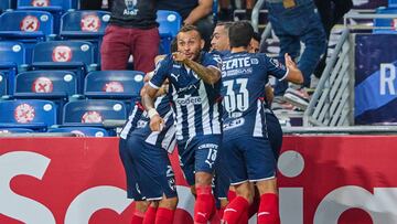 Maximiliano Meza celebrates his goal 1-0 with Duvan Vergara of Monterrey during the game CF Monterrey (MEX) vs Cruz Azul (MEX), corresponding to Semifinals first leg match of the 2021 Scotiabank Concacaf Champions League, at BBVA Bancomer Stadium, on Aug