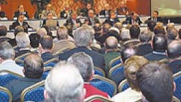 <b>EN LOOR DE MASAS. </b>El presidente, directivos y consejeros del Espanyol vivieron su junta más tranquila y vencieron por unanimidad.