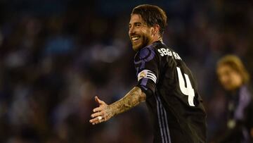 Real Madrid's defender Sergio Ramos smiles during the Spanish league football match RC Celta de Vigo vs Real Madrid CF at the Balaidos stadium in Vigo on May 17, 2017.
Real Madrid won 4-1. / AFP PHOTO / MIGUEL RIOPA