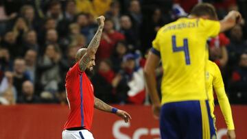 Futbol, Suecia vs Chile
Partido amistoso 2018
El jugador de la seleccion chilena Arturo Vidal celebra su gol contra Suecia durante el partido amistoso disputado en el estadio Friends Arena de Estocolmo, Suecia.
24/03/2018
Andres Pina/Photosport
Foo