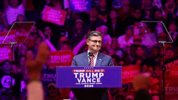 Mike Johnson, Speaker of the House of Representatives, attends a rally for Republican presidential nominee and former U.S. President Donald Trump at Madison Square Garden, in New York, U.S., October 27, 2024. REUTERS/Brendan McDermid