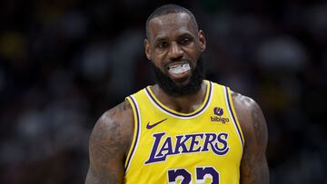DENVER, COLORADO - APRIL 22: LeBron James #23 of the Los Angeles Lakers walks back to his bench while playing the Denver Nuggets in the fourth quarter during game two of the Western Conference First Round Playoffs at Ball Arena on April 22, 2024 in Denver, Colorado. NOTE TO USER: User expressly acknowledges and agrees that, by downloading and or using this photograph, User is consenting to the terms and conditions of the Getty Images License Agreement. Matthew Stockman/Getty Images/AFP (Photo by MATTHEW STOCKMAN / GETTY IMAGES NORTH AMERICA / Getty Images via AFP)