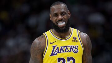 DENVER, COLORADO - APRIL 22: LeBron James #23 of the Los Angeles Lakers walks back to his bench while playing the Denver Nuggets in the fourth quarter during game two of the Western Conference First Round Playoffs at Ball Arena on April 22, 2024 in Denver, Colorado. NOTE TO USER: User expressly acknowledges and agrees that, by downloading and or using this photograph, User is consenting to the terms and conditions of the Getty Images License Agreement.   Matthew Stockman/Getty Images/AFP (Photo by MATTHEW STOCKMAN / GETTY IMAGES NORTH AMERICA / Getty Images via AFP)