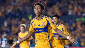 MONTERREY, 27/10/2024.- Ozziel Herrera de Tigres celebra un gol anotado a Pachuca este sábado, durante un partido correspondiente a la jornada 14 del Torneo Apertura 2024 de la Liga MX, celebrado en el estadio Universitario de la ciudad de Monterrey. EFE/Miguel Sierra.