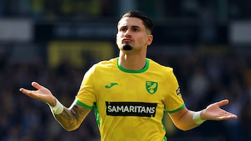 Borja Sainz, jugador del Norwich City, celebra un gol durante un partido.