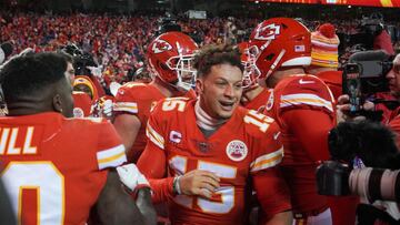 Jan 23, 2022; Kansas City, Missouri, USA; Kansas City Chiefs quarterback Patrick Mahomes (15) celebrates the win against the Buffalo Bills in overtime in the AFC Divisional playoff football game at GEHA Field at Arrowhead Stadium. Mandatory Credit: Denny