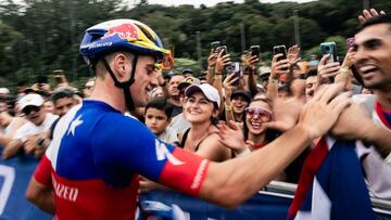 Martin Vidaurre celebrates at UCI XCO World Cup in Mairipora, Brazil on April 14, 2024 // Bartek Wolinski / Red Bull Content Pool // SI202404150085 // Usage for editorial use only //