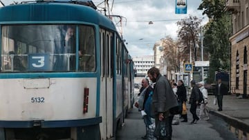 People wait to ride on a tram in Kharkiv, on September 21, 2022, amid the Russian invasion of Ukraine. (Photo by Yasuyoshi CHIBA / AFP) (Photo by YASUYOSHI CHIBA/AFP via Getty Images)
