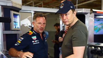MIAMI, FLORIDA - MAY 06: Red Bull Racing Team Principal Christian Horner talks with Elon Musk in the Paddock prior to final practice ahead of the F1 Grand Prix of Miami at Miami International Autodrome on May 06, 2023 in Miami, Florida. Mark Thompson/Getty Images/AFP (Photo by Mark Thompson / GETTY IMAGES NORTH AMERICA / Getty Images via AFP)