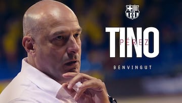 Cartel con el que el Barcelona de Fútbol Sala ha anunciado a Tino Pérez como su nuevo entrenador.