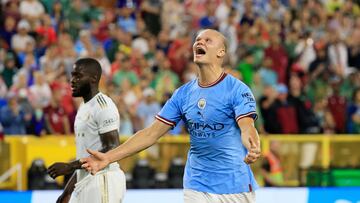 GREEN BAY, WISCONSIN - JULY 23: Erling Haaland of Manchester City reacts during the pre-season friendly match between Bayern Munich and Manchester City at Lambeau Field on July 23, 2022 in Green Bay, Wisconsin.   Justin Casterline/Getty Images/AFP
== FOR NEWSPAPERS, INTERNET, TELCOS & TELEVISION USE ONLY ==