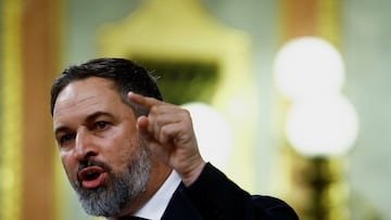 Spain's far-right party Vox leader Santiago Abascal gestures as he speaks during the investiture debate as Spain's Socialists seek to clinch a new term following a deal with the Catalan separatist Junts party for government support, a pact which involves amnesties for people involved with Catalonia's failed 2017 independence bid, in Madrid, Spain November 15, 2023. REUTERS/Susana Vera