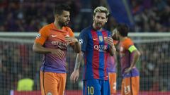 Ag&uuml;ero y Messi en el Barcelona-Manchester City de la Champions 2016-2017.