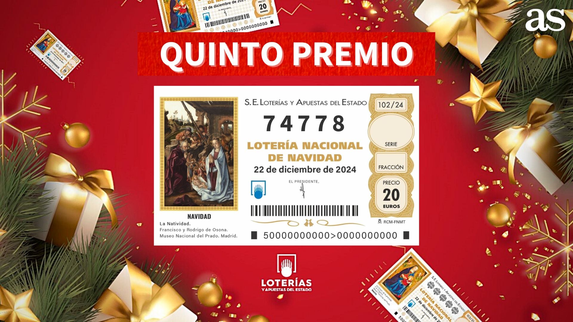 Quintos premios del sorteo de la Lotería de Navidad 2024: 37876, 72853, 74778