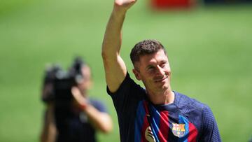 Robert Lewandowski during his presentation as new FC Barcelona player at Camp Now Stadium on August 5, 2022 in Barcelona, Spain. (Photo by Bagu Blanco / Pressinphoto / Icon Sport)