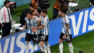 LUSAIL CITY, QATAR - NOVEMBER 26: Enzo Fernandez of Argentina celebrates with teammates after scoring their team's second goal  during the FIFA World Cup Qatar 2022 Group C match between Argentina and Mexico at Lusail Stadium on November 26, 2022 in Lusail City, Qatar. (Photo by Claudio Villa/Getty Images)