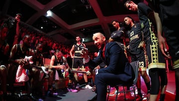 Vassilis Spanoulis, Head Coach of AS Monaco time out during the Turkish Airlines EuroLeague Regular Season Round 13 match between AS Monaco and Olympiacos Piraeus at Salle Gaston Medecin on December 04, 2024 in Monte Carlo, France.