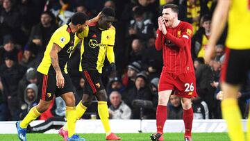 Watford (United Kingdom), 29/02/2020.- Ismaila Sarr (2-L) of Watford reacts after scoring a goal during the English Premier League soccer match between Watford FC and Liverpool FC in Watford, Britain, 29 February 2020. (Reino Unido) EFE/EPA/ANDY RAIN EDIT