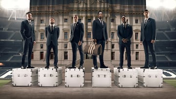 En la imagen superior, Militao, Carvajal, Mbappé, Bellingham, Vinicius y Courtois, con la nueva colección de Louis Vuitton.