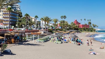 View along Playa de Arroyo de la Miel y los Melilleros to Castillo Bil Bil, Benalmadena Costa, Costa del Sol, Malaga Province, Spain. (Photo by: Ken Welsh/Education Images/Universal Images Group via Getty Images)
