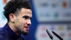 France's midfielder Warren Zaire Emery addresses media during a press conference, as part of the team's preparation for upcoming friendly football matches against Germany and Chili, in Clairefontaine-en-Yvelines on March 19, 2024. (Photo by FRANCK FIFE / AFP)