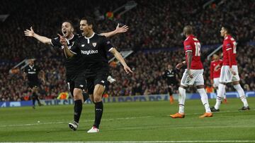 Wissam Ben Yedder celebra el 0-1 durante la vuelta de octavos de final de la Champions League 2017/2018 entre el Manchester United y el Sevilla en Old Trafford.