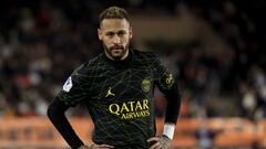 (FILES) In this file photo taken on February 11, 2023, Paris Saint-Germain's Brazilian forward Neymar reacts during the French L1 football match between Monaco and Paris Saint-Germain (PSG) at the Louis II stadium in Monaco. - The Brazilian, who injured his ankle on February 19 against Lille in Ligue 1, "has had several episodes of instability in his right ankle in recent years," said the club, adding that its medical staff "recommended a ligament repair operation to avoid a major risk of recurrence". Qatar-owned PSG said Neymar would go under the knife in Doha "in the next few days" and said it would take "three to four months before he can return to training with the team". (Photo by Valery HACHE / AFP)