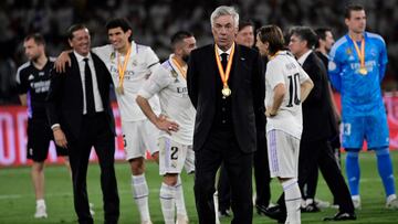 Real Madrid's Italian coach Carlo Ancelotti reacts at the end of the Spanish Copa del Rey (King's Cup) final football match between Real Madrid CF and CA Osasuna at La Cartuja stadium in Seville on May 6, 2023. (Photo by ANDER GILLENEA / AFP)