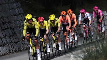 Team Visma - Lease a Bike's Danish rider Jonas Vingegaard (2nd L), INEOS Grenadiers' French rider K�vin Vauquelin (4th L) and EF Education - EasyPost's German rider Georg Steinhauser (2nd R) ride with the pack during the 8th and final stage of the Paris-Nice cycling race, 129.2 km between Nice and Nice, on March 15, 2026. (Photo by Anne-Christine POUJOULAT / AFP)