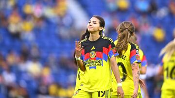 Angelique Saldivar celebrates her goal 9-0 on Poker of America during the 4th round match between America and Queretaro as part of the Liga BBVA MX Femenil, Torneo Apertura 2025 at Ciudad de los Deportes Stadium, on August 03, 2025 in Mexico City, Mexico.
