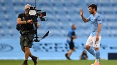 MANCHESTER, ENGLAND - AUGUST 07: David Silva of Manchester City acknowledges the TV Camera following the UEFA Champions League round of 16 second leg match between Manchester City and Real Madrid at Etihad Stadium on August 07, 2020 in Manchester, England