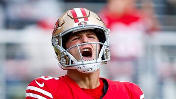 SANTA CLARA, CALIFORNIA - NOVEMBER 17: Brock Purdy #13 of the San Francisco 49ers reacts after scoring a touchdown in the first quarter of a game against the Seattle Seahawks at Levi's Stadium on November 17, 2024 in Santa Clara, California. Lachlan Cunningham/Getty Images/AFP (Photo by Lachlan Cunningham / GETTY IMAGES NORTH AMERICA / Getty Images via AFP)