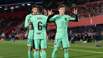 Atletico Madrid's Spanish midfielder #17 Rodrigo Riquelme celebrates scoring the opening goal during the Spanish league football match between RCD Mallorca and Club Atletico de Madrid at the Mallorca Son Moix stadium in Palma de Mallorca on May 4, 2024. (Photo by JAIME REINA / AFP)