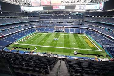 View of the Bernabéu turf adapted for American football this Friday in Madrid for the first-ever official National Football League regular-season game held in Spain, between the Miami Dolphins and the Washington Commanders.