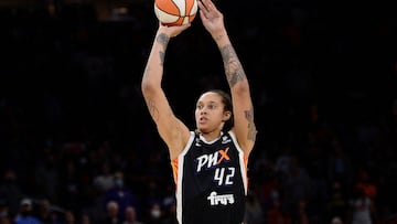 FILE PHOTO: Oct 13, 2021; Phoenix, Arizona, USA; Phoenix Mercury center Brittney Griner (42) shoots against the Chicago Sky during the first half of game two of the 2021 WNBA Finals at Footprint Center. Mandatory Credit: Joe Camporeale-USA TODAY Sports/File Photo