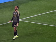 LOS ANGELES, CALIFORNIA - FEBRUARY 21: Denis Bouanga #99 of Los Angeles FC celebrates after scoring his team's second goal during the MLS match between Los Angeles Football Club and Inter Miami CF at Los Angeles Memorial Coliseum on February 21, 2026 in Los Angeles, California. Ryan Sirius Sun/Getty Images/AFP (Photo by Ryan Sirius Sun / GETTY IMAGES NORTH AMERICA / Getty Images via AFP)