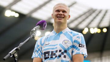 MANCHESTER, ENGLAND - OCTOBER 02: Erling Haaland of Manchester City looks on following the Premier League match between Manchester City and Manchester United at Etihad Stadium on October 02, 2022 in Manchester, England. (Photo by Tom Flathers/Manchester City FC via Getty Images)