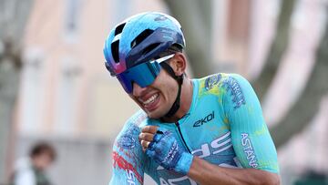 XDS Astana Team's Colombian rider Harold Tejada celebrates as he crosses the finish line to win the 6th stage of the Paris-Nice cycling race, 179.3 km between Barbentane and Apt, on March 13, 2026. (Photo by Anne-Christine POUJOULAT / AFP)