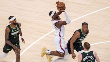 May 20, 2025; Oklahoma City, Oklahoma, USA; Oklahoma City Thunder guard Shai Gilgeous-Alexander (2) shoots against Minnesota Timberwolves guard Jaylen Clark (22) in the first quarter during game one of the western conference finals for the 2025 NBA Playoffs at Paycom Center. Mandatory Credit: Brett Rojo-Imagn Images