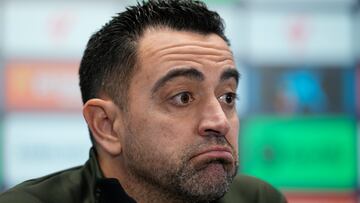 GRAFCAT8963. BARCELONA, 30/01/2024.- El entrenador del FC Barcelona, Xavi Hernández, durante la rueda de prensa que ha ofrecido tras el entrenamiento que el equipo azulgrana ha realizado este martes en la ciudad deportiva Joan Gamper. EFE/Alejandro García
