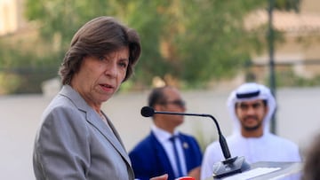 France's Foreign Minister Catherine Colonna speaks during a visit to the Theodore Monod French curriculum international school in the Emirati capital Abu Dhabi, on February 3, 2023. (Photo by Karim SAHIB / AFP) (Photo by KARIM SAHIB/AFP via Getty Images)