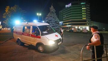 Ambulance arrives at the Topos Congress hotel in the soccer World Cup host city of Rostov-on-Don, Russia June 26, 2018. Reuters witnesses at the scene said they were told by police that they had been evacuated due to a bomb threat. REUTERS/Hannah McKay