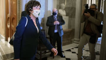 WASHINGTON, DC - JANUARY 28: Sen. Susan Collins (R-ME) leaves the Senate Chamber during a procedural vote on the confirmation of Alejandro Mayorkas to be the next Department of Homeland Security secretary at the U.S. Capitol January 28, 2021 in Washington