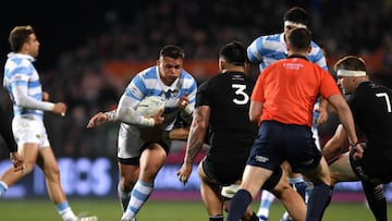 CHRISTCHURCH, NEW ZEALAND - AUGUST 27: Thomas Gallo of Argentina charges into the defence during The Rugby Championship match between the New Zealand All Blacks and Argentina Pumas at Orangetheory Stadium on August 27, 2022 in Christchurch, New Zealand. (Photo by Joe Allison/Getty Images)