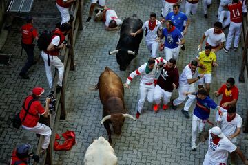 Imágenes del séptimo encierro de los Sanfermines 2022. La ganadería encargada de los toros de este séptimo encierro será la de Victoriano del Río, una de las más importantes del panorama taurino nacional.