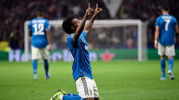 Juan Guillermo Cuadrado celebrando su gol con Juventus ante Atlético de Madrid por Champions League.