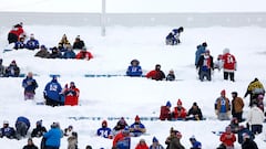 ORCHARD PARK, NEW YORK - JANUARY 15: Fans take their seats in the snow before the game between the Buffalo Bills and the Pittsburgh Steelers at Highmark Stadium on January 15, 2024 in Orchard Park, New York.